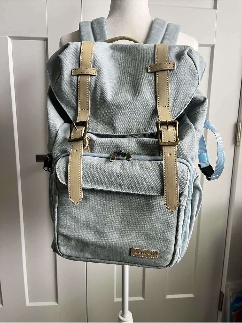 Bagsmart Light Blue Canvas Photography Backpack with Beige Straps -